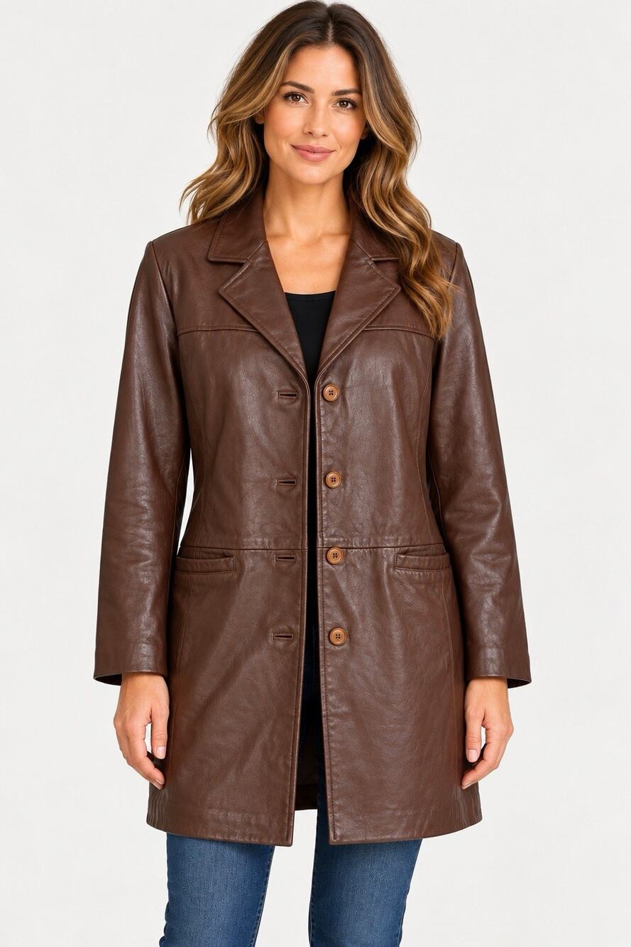 Cabelas Jacket Women XL Brown Genuine Leather Car Coat Minimalist Neutral Long